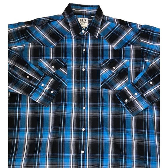 ELY CATTLEMAN PEARL SNAP SHIRT SIZE XL ROCKABILLY BOHO COWBOY BLUE PLAID MENS - Picture 2 of 5